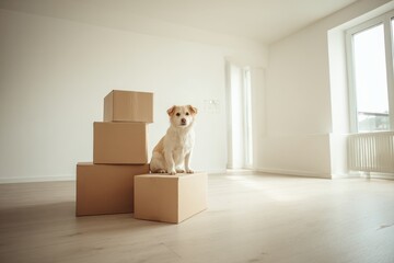 Fototapeta premium Relocation moment: dog sits among packing boxes in a bright, bare living space