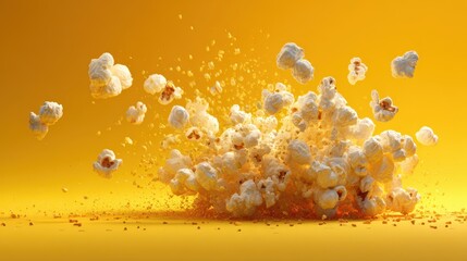 Explosion of fluffy white popcorn kernels bursting outwards against a vibrant yellow background creating a dynamic and energetic food motion effect with scattered crumbs in bright studio lighting