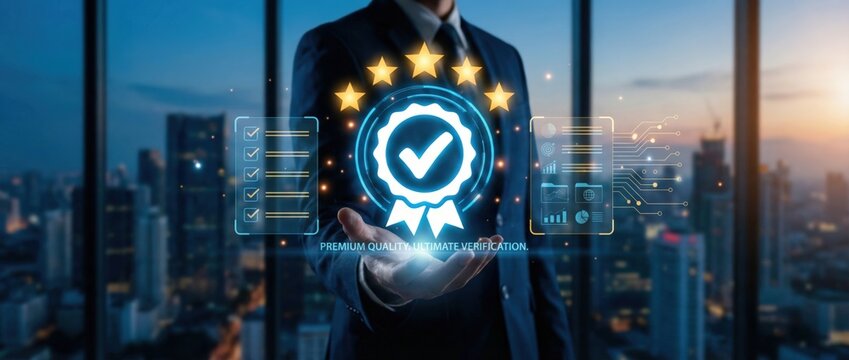Business professional presenting certification award urban office digital imagery modern environment close-up viewpoint achievement recognition for seo impact