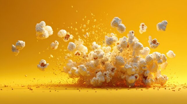 Explosion of fluffy white popcorn kernels bursting outwards against a vibrant yellow background creating a dynamic and energetic food motion effect with scattered crumbs in bright studio lighting
