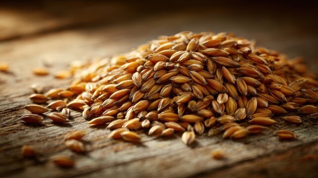 Macro photograph of barley grains with textured wooden background