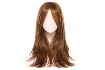 Fototapeta premium Silky brown wig with natural shine and middle part, head-on studio shot on white background