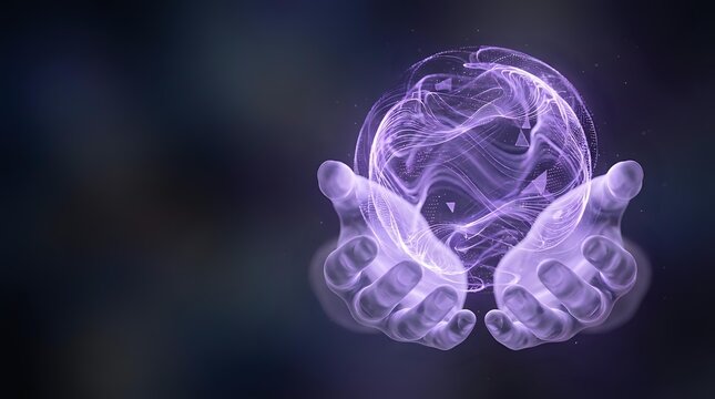 Glowing purple energy sphere floating above open cupped hands against dark background, representing power, magic, spirituality and mystical forces.