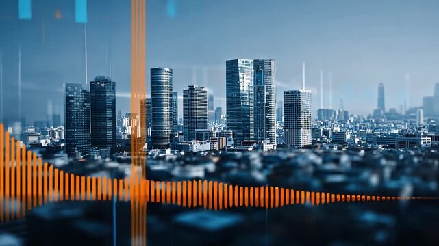 Urban Cityscape with Data Visualization Elements and Skyline