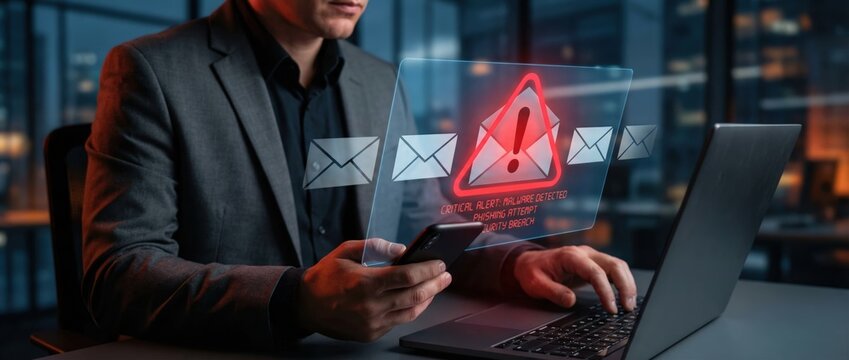 Business executive analyzing cybersecurity threats corporate office digital content high-tech environment close-up view data protection awareness
