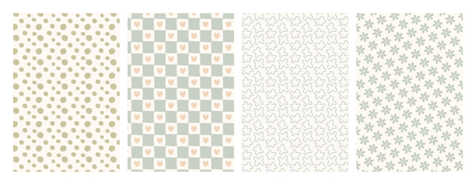 Seamless Pastel hand drawn pattern with polka dots, plaid checker hearts, abstract shapes and floral repeat backgrounds collection in soft colors. Minimal textures for branding, packaging, stationery