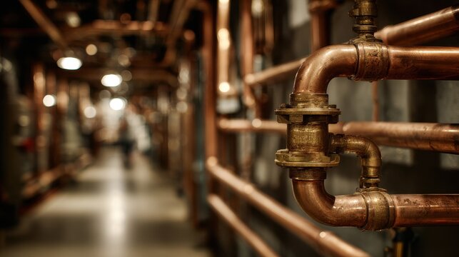 Close up on vintage copper pipes with water droplets in a dimly lit industrial hallway with a blurred figure walking in the distance warm artificial lighting illuminates the textured walls and