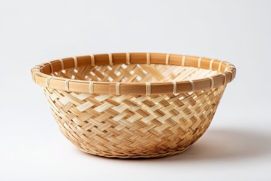Woven bamboo basket on white studio backdrop for product photography