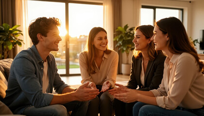 Fototapeta premium A man and three women engage in conversation indoors, smiling and gesturing towards each other. The setting features bright sunlight streaming through large windows.