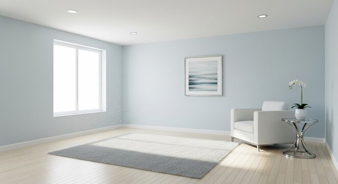 A serene room corner with a single white armchair, a glass side table with an orchid, and a minimalist framed landscape painting on a pale blue wall. A gray rug sits on the light wood floor