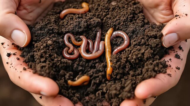 Hands holding rich soil teeming with earthworms, symbolizing growth.