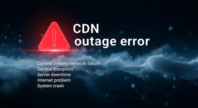 Digital visualization of a CDN network outage featuring a glowing red alert warning icon and a cloud symbol over a dark high-tech circuit background representing content delivery failure.