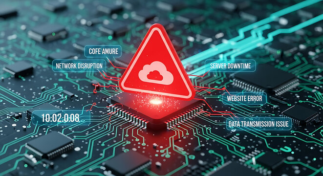 Global CDN Content Delivery Network Outage Concept featuring Red Warning Cloud Signage and Glowing Digital Integrated Circuitry Data Infrastructure Background Representing Server Failure