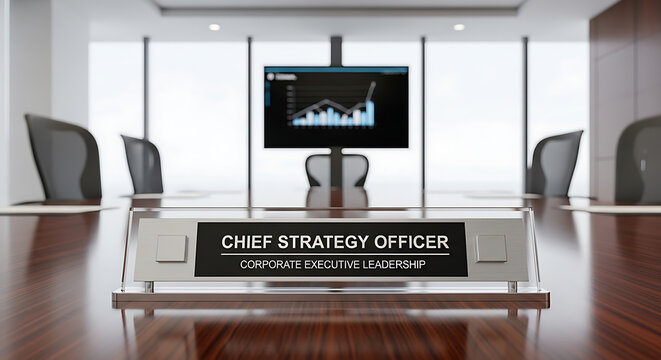 Professional Chief Strategy Officer desk nameplate in a modern corporate boardroom for executive leadership and management reflecting success and authority in a contemporary office setting.