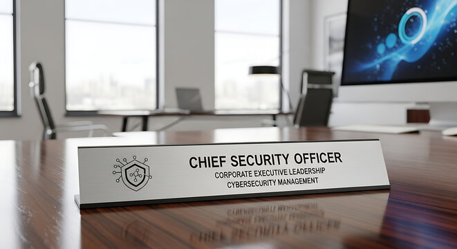 Elegant metal nameplate for a Chief Security Officer on a glass desk in a modern corporate office, representing executive leadership, professional authority, and organizational safety oversight.