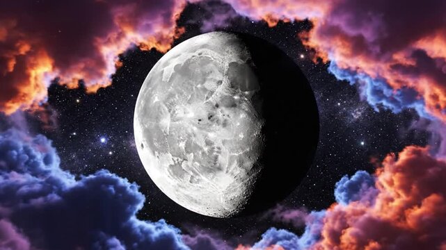 Cinematic Moon View Framed by Vibrant Colorful Nebula Clouds in Deep Space
