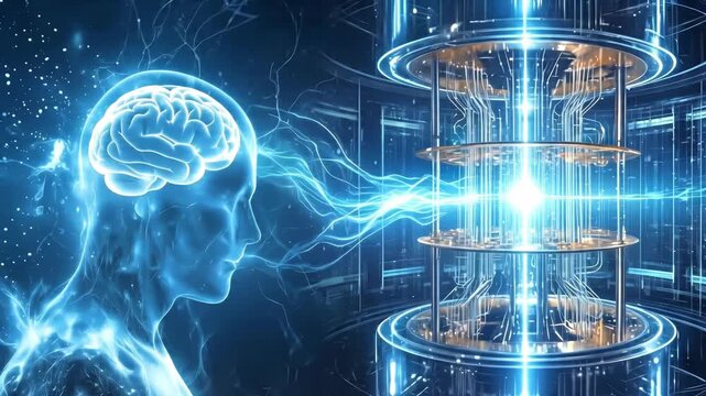 Futuristic human profile with glowing blue brain connected to quantum computer. Advanced artificial intelligence and neural interface concept. Lockdown wide shot.