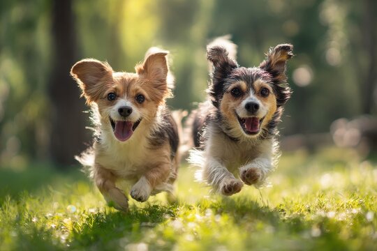 Two small dogs playing together outside in a sunny park