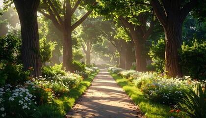 Fototapeta premium A sun-dappled pathway leads through a lush, green park lined with flowering bushes and tall trees