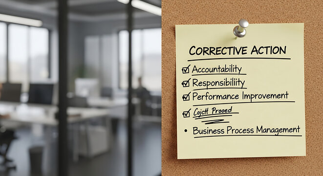 Corrective action document and assessment report placed on a minimalist beige background symbolizing corporate accountability, professional responsibility, and strategic performance improvement.