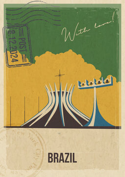 Brazil Attraction Postcard, Cathedral of Brazil, Religious Building Illustration. Vector Template Retro Style Greeting Card with handwriting wish. Postal Imprint, Aged Paper Texture
