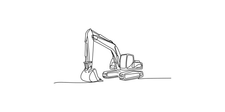 A line drawing of an excavator machine on white background with a bucket