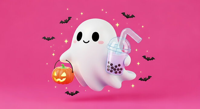 Adorable spooky ghost character carrying a carved pumpkin and boba milk tea while surrounded by flying bat and magical glitter sparkle on a cute pastel pink background.