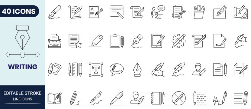Writing icon set in outline style. Collection of writing, pen, pencil, edit, note, and document. Editable stroke. Vector icon collection.
