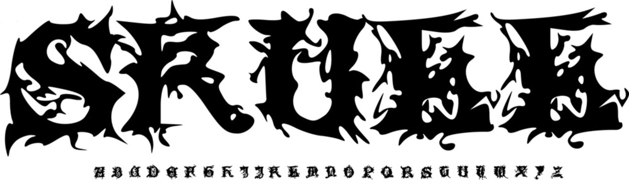 SKULL Extreme Death Metal Display Font Alphabet &ndash; Brutal Spiky Font Type with Chaotic Thorn Letterforms, Aggressive Typography Meaning for Horror Posters, and Underground Graphic Design Projects