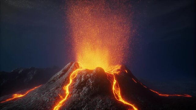 Fiery volcanic eruption with glowing lava and ash cloud against a dark night sky, depicting Earth's raw power and geological activity