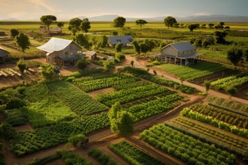 Fototapeta premium Green agriculture fields across a sustainable rural village with houses and trees