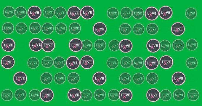Digital animation of multiple love text banners with pink ribbon icon against black background