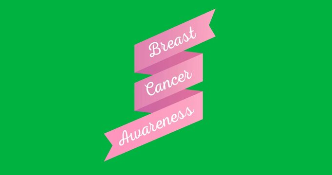 Digital animation of breast cancer awareness text over pink ribbon against black background