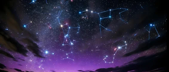 Starry night sky with constellation patterns and purple aurora glow over mountain silhouettes for astronomy and space themed designs. © Yuliia