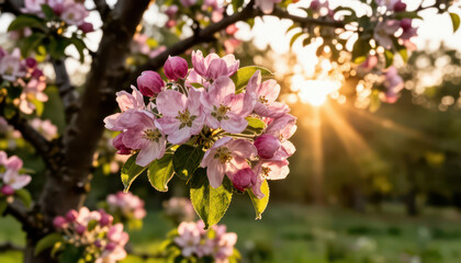Naklejka premium A close-up of pink flowers on a tree captures the beauty of spring. Soft sunlight filters through the flowers, enhancing the vibrant colors of the blossoms.