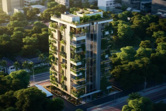 Modern skyscraper featuring extensive vertical gardens and rooftop greenery, promoting eco friendly architecture in a city