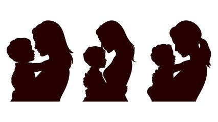 Mother and child silhouette set with baby embrace, Motherhood love and maternal bond illustration collection, Side view silhouettes of mother holding newborn baby, Vector mom and child hugging icons f