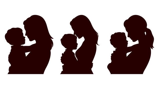 Mother and child silhouette set with baby embrace, Motherhood love and maternal bond illustration collection, Side view silhouettes of mother holding newborn baby, Vector mom and child hugging icons f