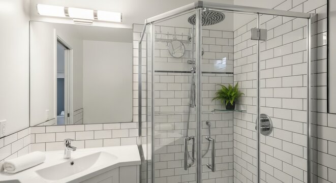 Compact modern corner shower enclosure with subway tiles and sink in a residential bathroom