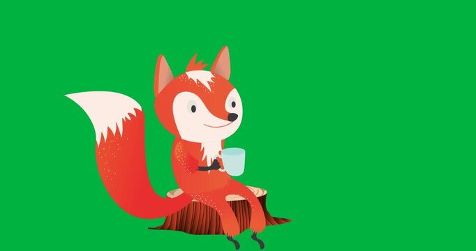 Digital animation of fox drinking coffee sitting on a tree trunk icon against black background