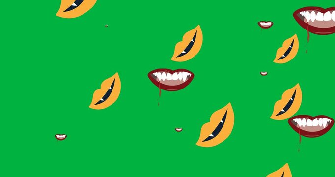 Halloween digital art features vampire teeth on a dark backdrop.