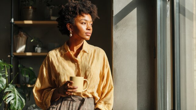 Morning reflection by a sunlit window: a confident African American woman with coffee