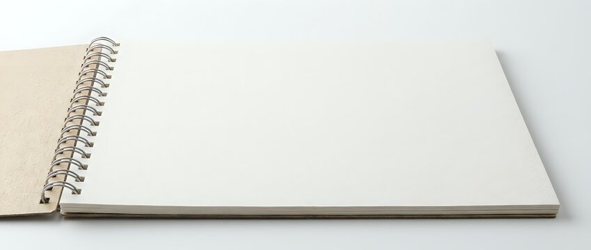 Open blank spiral notebook with cream pages and wire binding on white background for creative projects and note-taking.