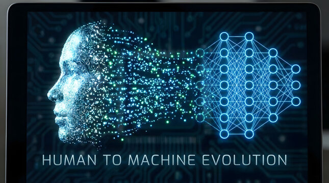 Digital representation of a human face dissolving into data particles, symbolizing the profound evolution of artificial intelligence and the future of cognitive technology