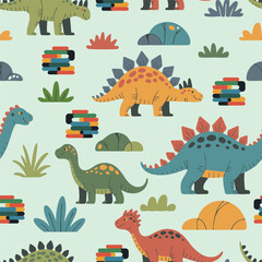 Adorable hand-drawn prehistoric seamless pattern featuring colorful cartoon dinosaurs, rocks, and plants. Perfect for children's fabric and bedding. © deepika