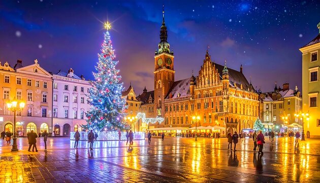 A nighttime scene of a European town square with a lit Christmas tree