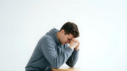 Obraz premium Young stressed businessman in gray shirt holding head in hands showing depression and mental health struggles isolated on white background.