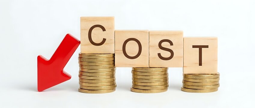Wooden blocks spelling COST on stacks of golden coins with red arrow pointing down, representing expense reduction and financial savings concept.