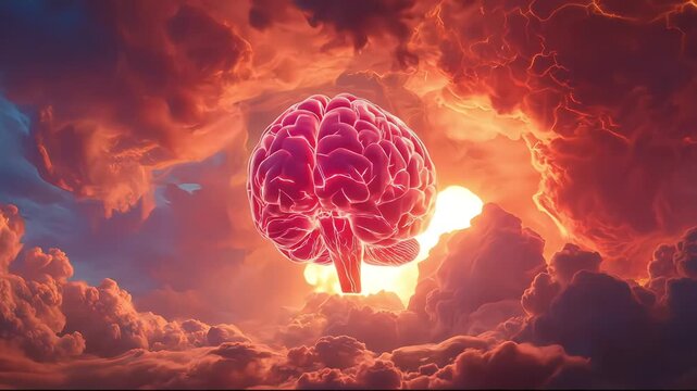 A glowing human brain emerges from dramatic, fiery clouds.
