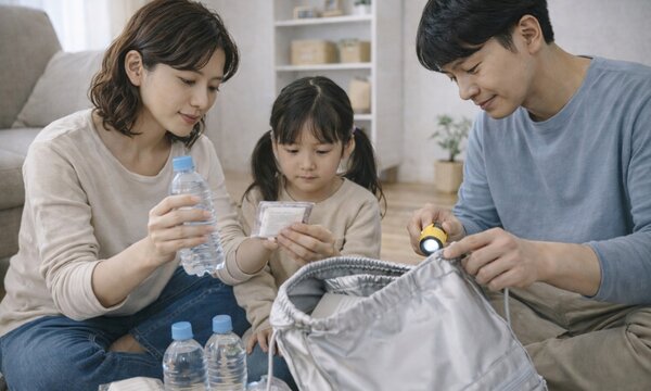 家族で防災備蓄を準備する親子・非常用持ち出し袋と防災対策のイメージ